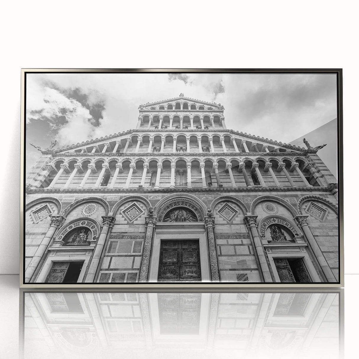 Art Deco style cathedral design in silver frame, acrylic print, suitable as modern art wall decor or nursery art.