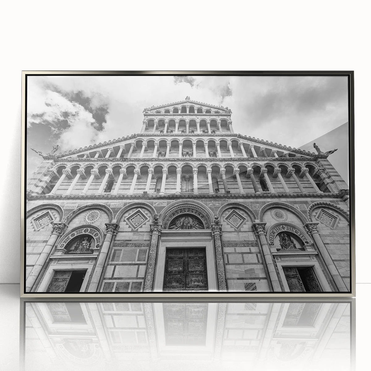 Art Deco style cathedral design in silver frame, acrylic print, suitable as modern art wall decor or nursery art.