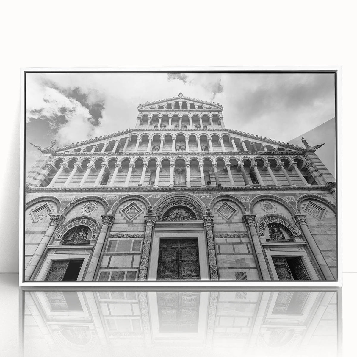 Mid-century modernist cathedral design in muted gray and blue tones on a framed acrylic, ideal for nursery wall art.