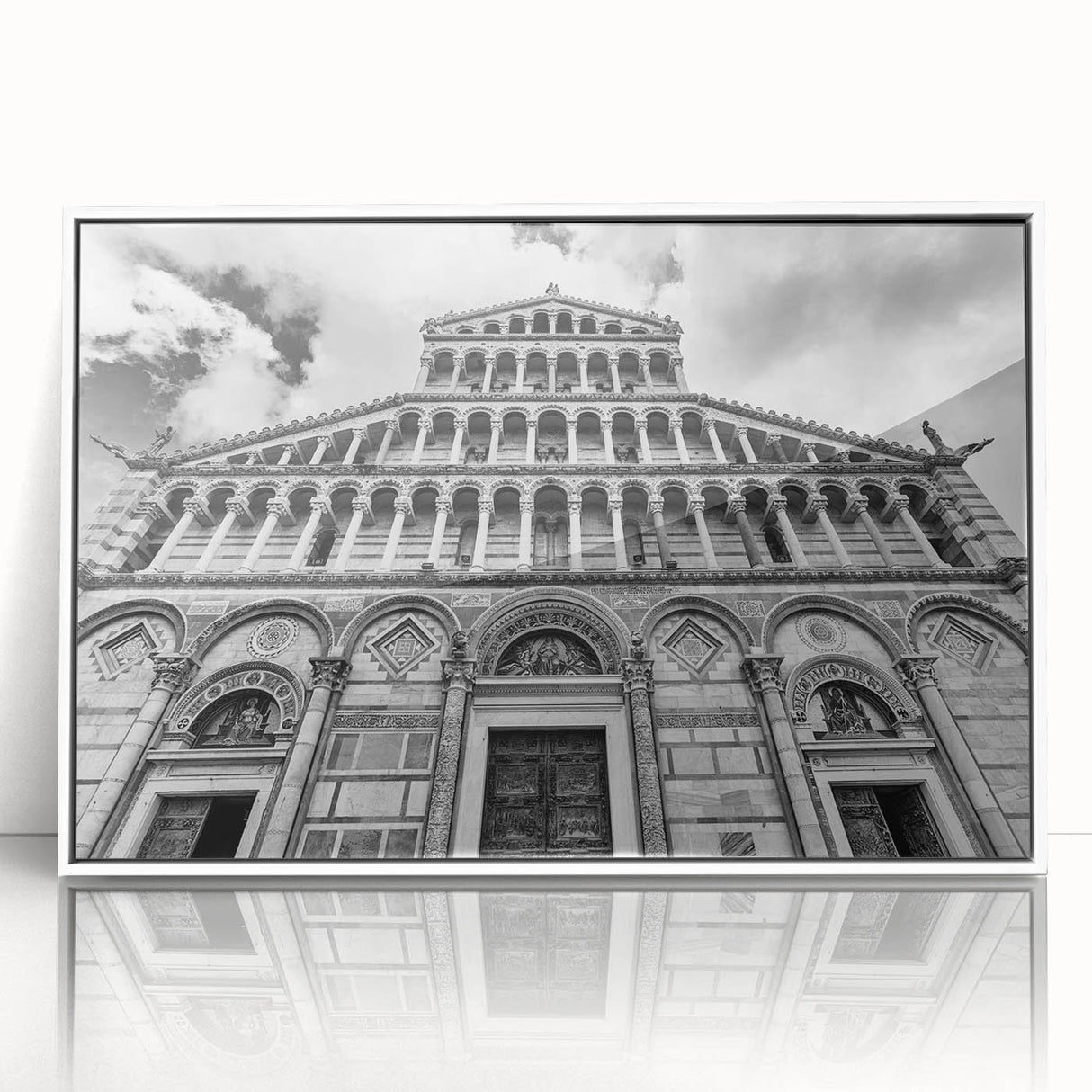 Mid-century modernist cathedral design in muted gray and blue tones on a framed acrylic, ideal for nursery wall art.