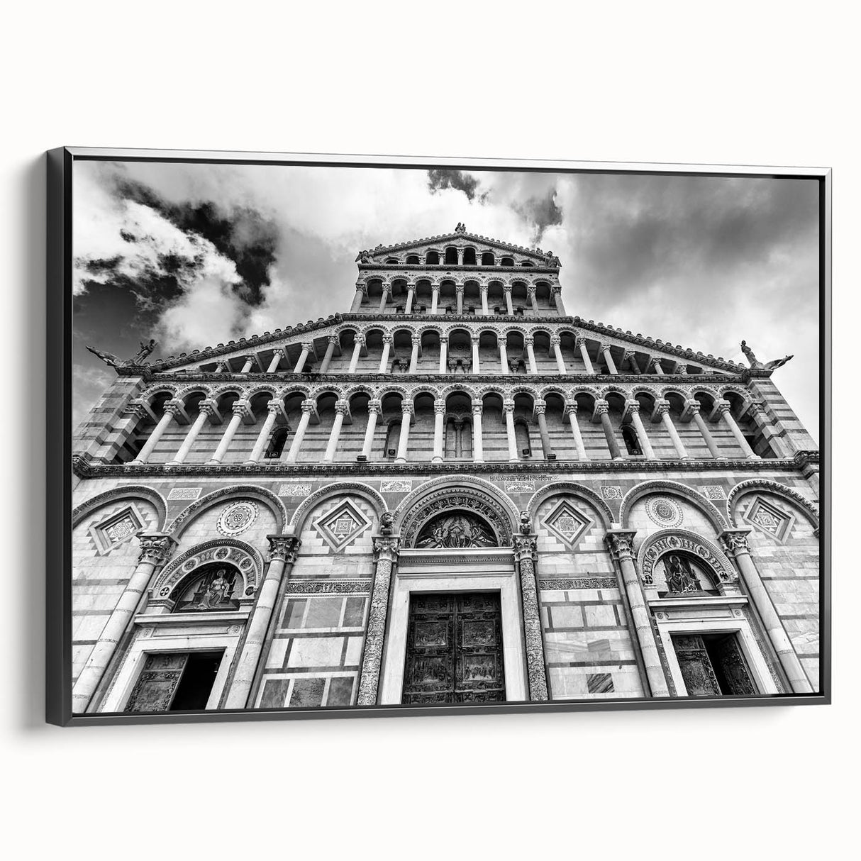 Black and white framed canvas of a cathedral landscape, in a vintage poster style, ideal for bedroom wall decor.