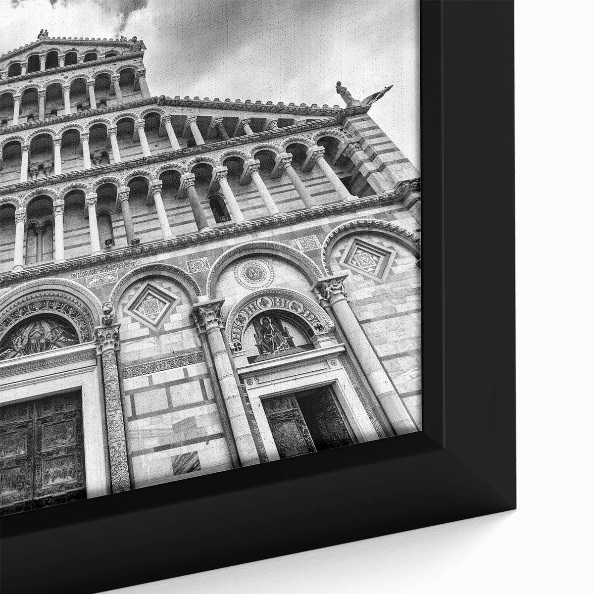 Extra large black canvas featuring a textured depiction of a colorful cathedral, ideal for living room decor.