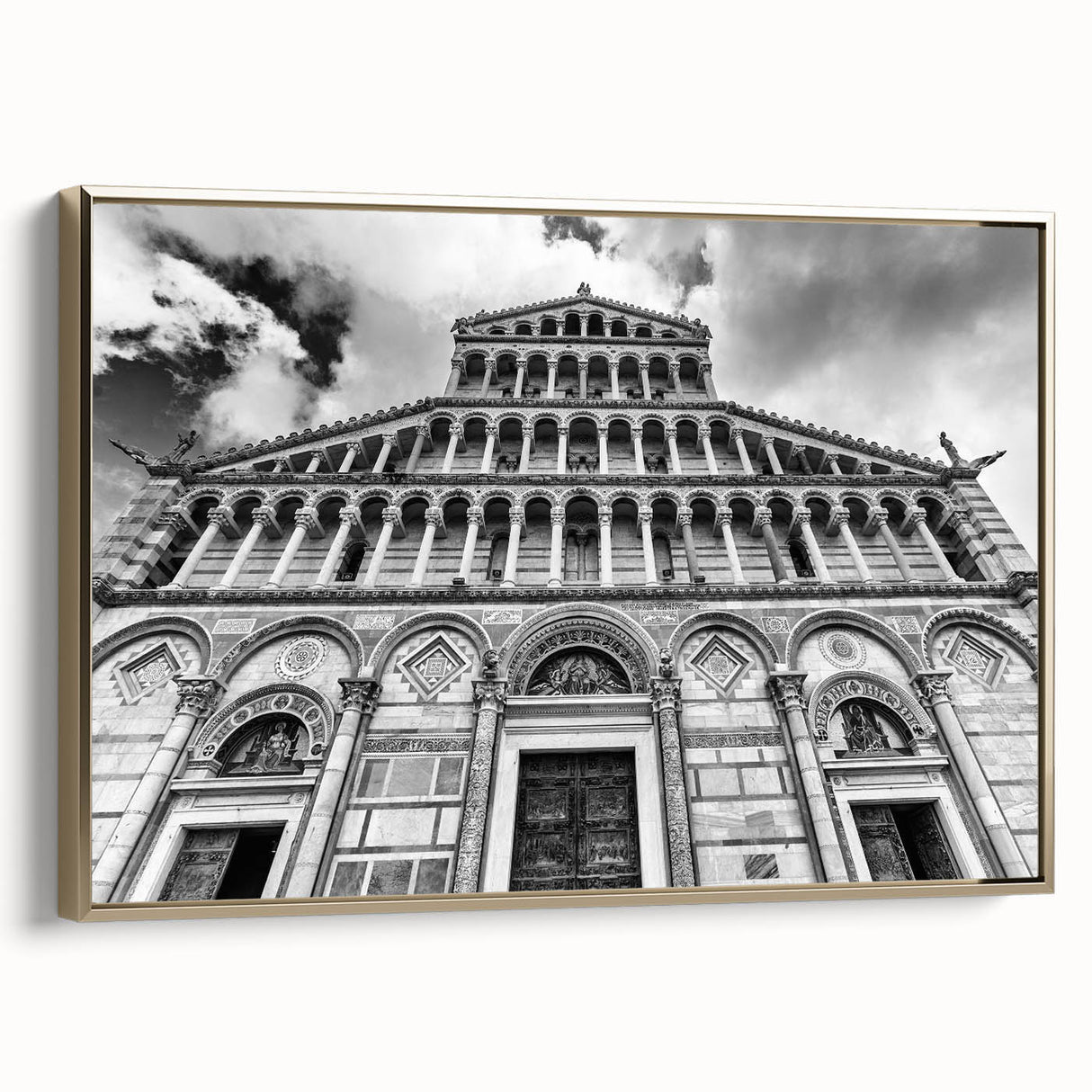 Framed canvas of a vintage cathedral landscape painting in black with colorful accents, ideal for living room decor.