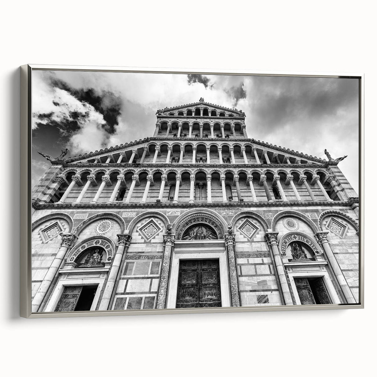Vintage poster art of a cathedral in muted black and silver tones on a framed canvas, ideal for living room decor.