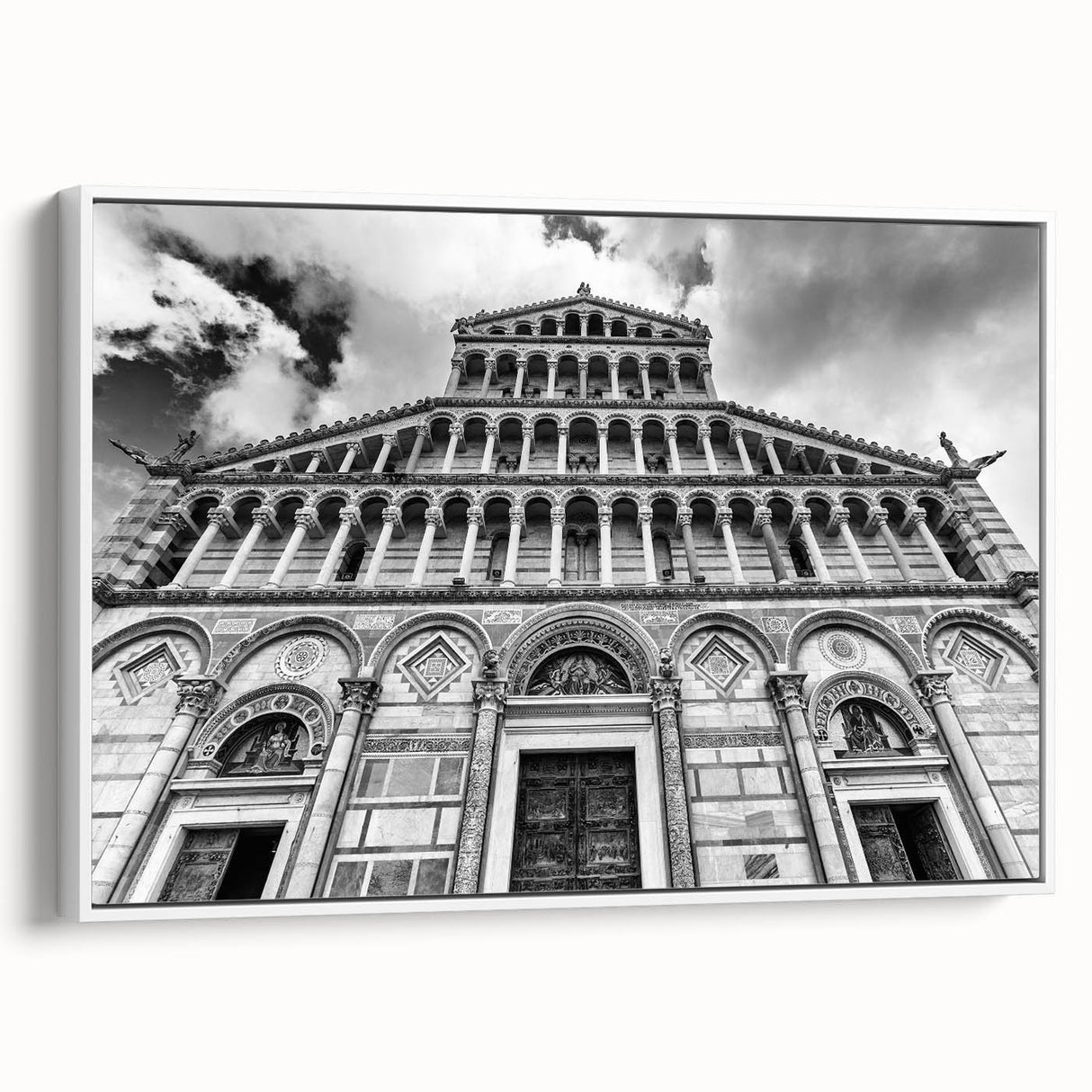 Framed canvas of a vintage-style black and white cathedral landscape, ideal for bedroom wall decor.
