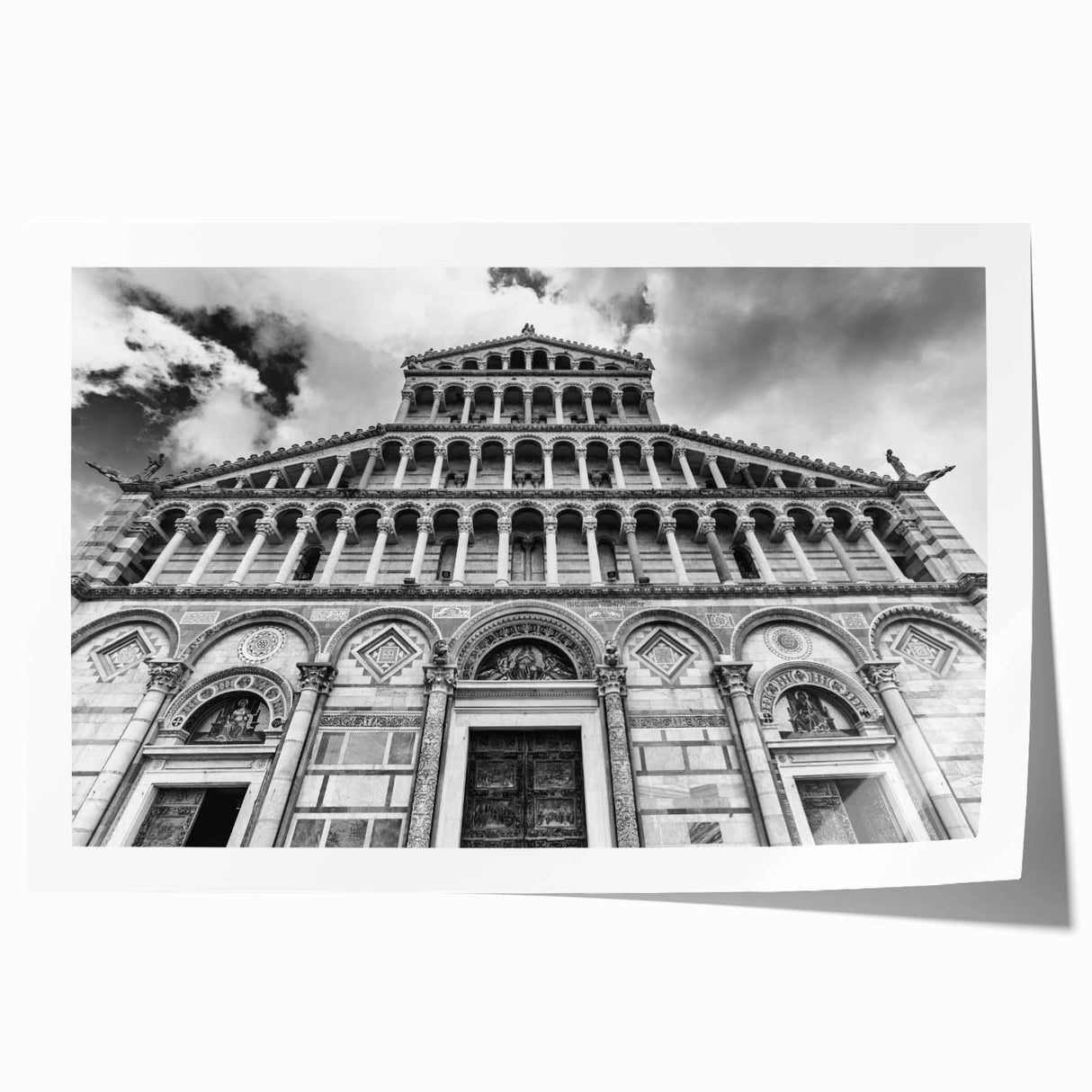 Extra large rolled print of a cathedral design with floral elements in muted tones.