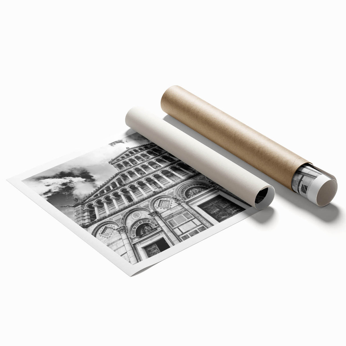 Extra large rolled print featuring a cathedral design with floral motifs in muted tones, ideal for classy bathroom wall art.