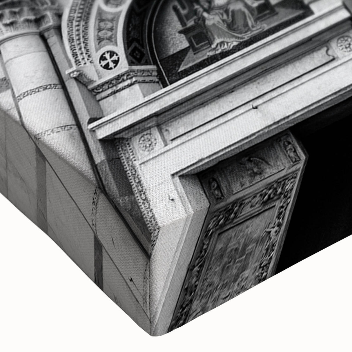 Large art of a cathedral in black and white on stretched canvas, ideal for bedroom wall placement.