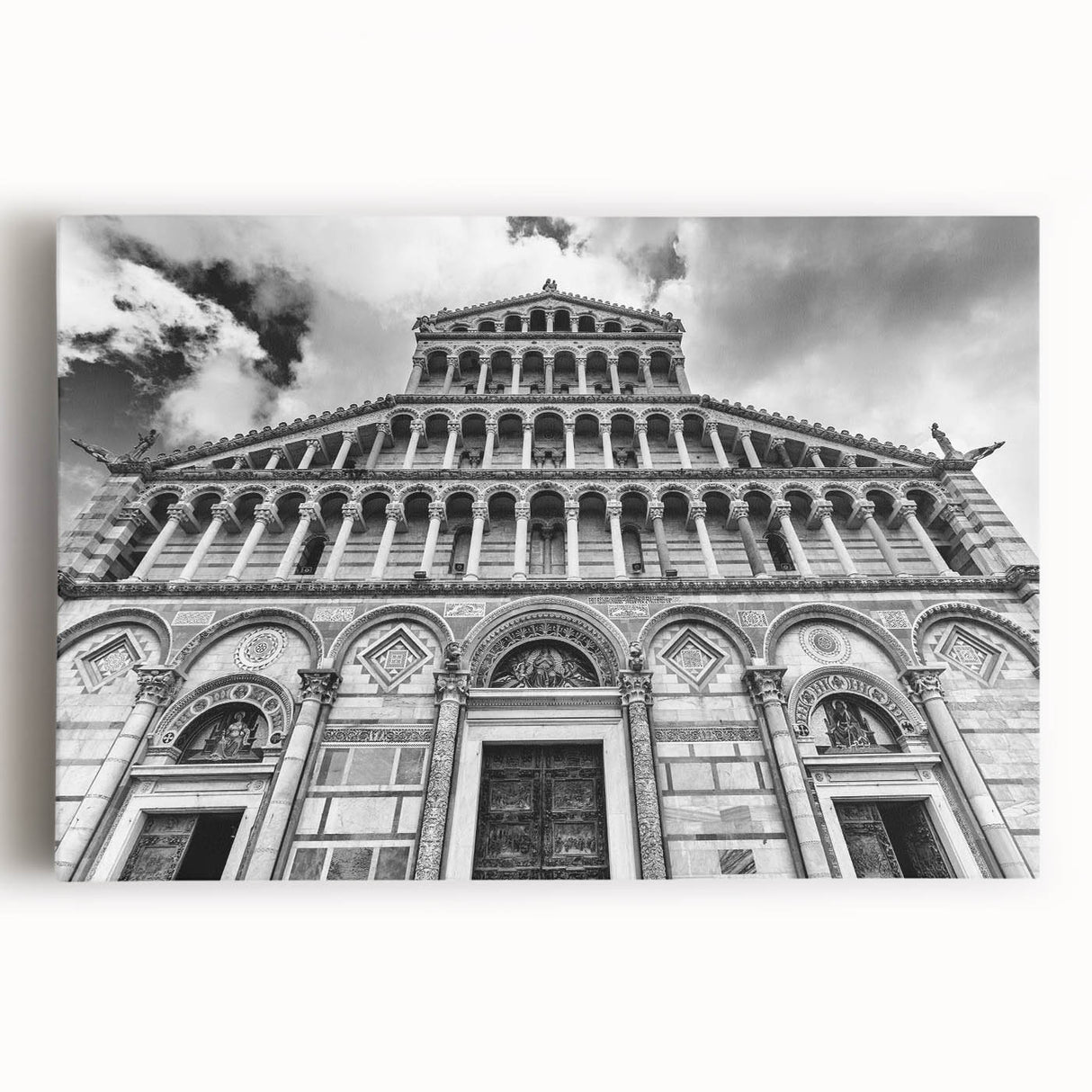 Large black and white photo of a cathedral on stretched canvas, ideal for kitchen wall art.