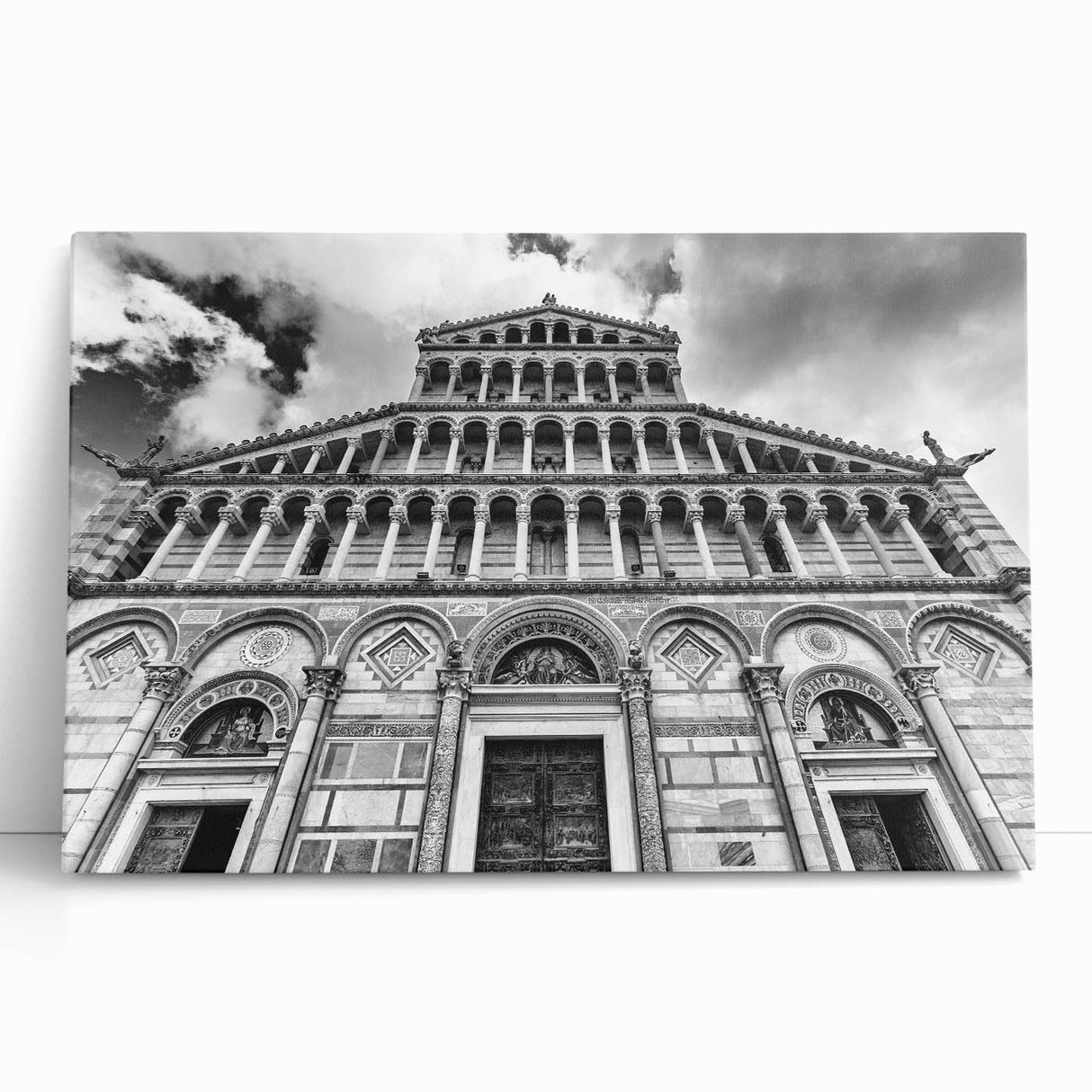 Black and white print of a cathedral design on stretched canvas, suitable as large kitchen wall art or for bedroom ambiance.