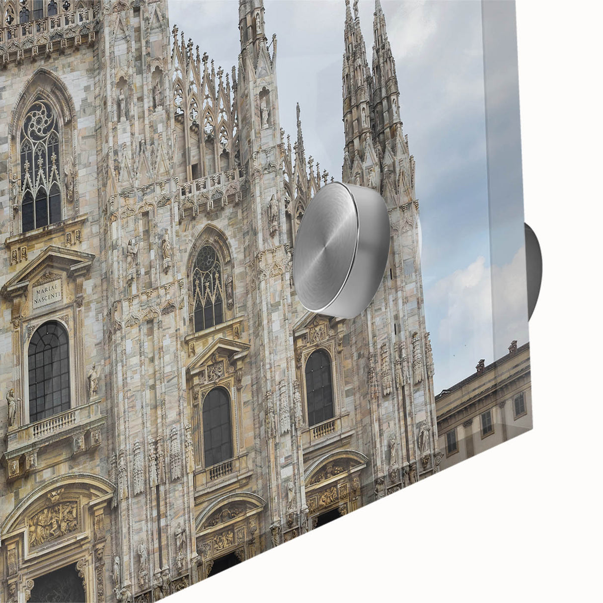 Mid-century modernist large abstract wall art of a cathedral, in muted tones on acrylic glass.