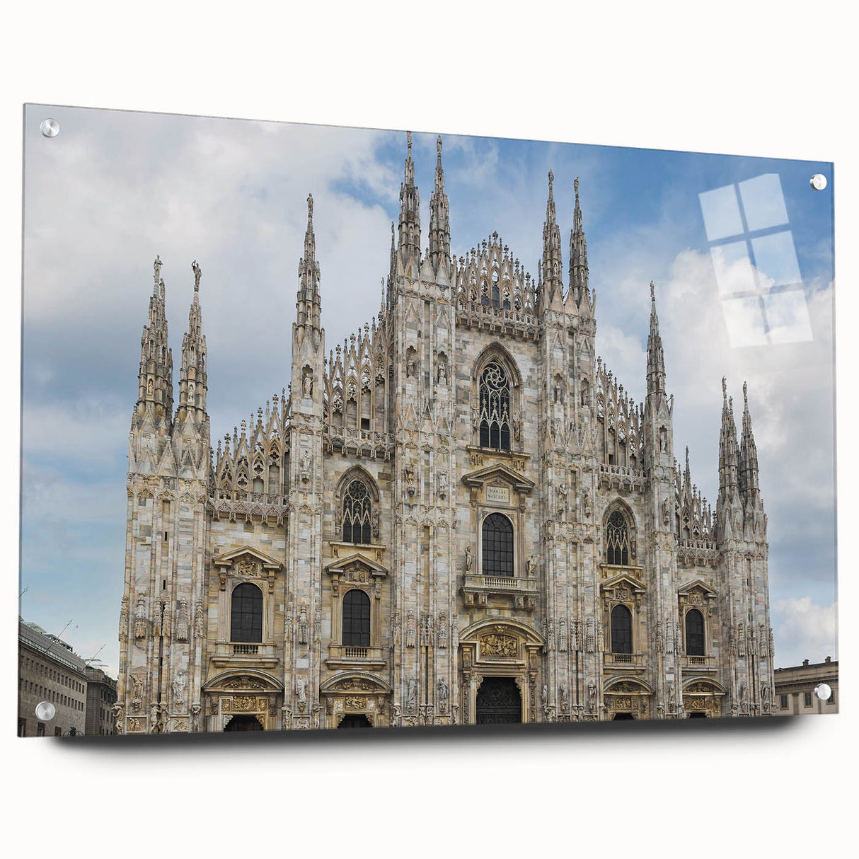 Acrylic glass print of a large abstract design in muted blues and grays, ideal for dining room or bedroom wall decor.