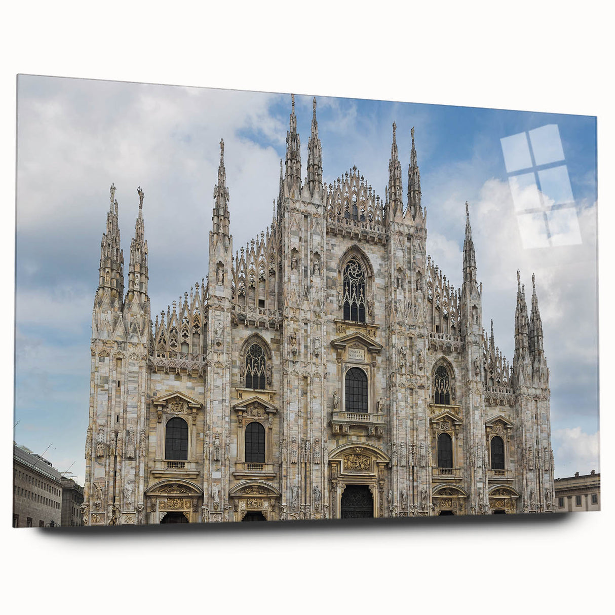 Large abstract wall art of a cathedral, in muted gray and blue tones on acrylic glass.