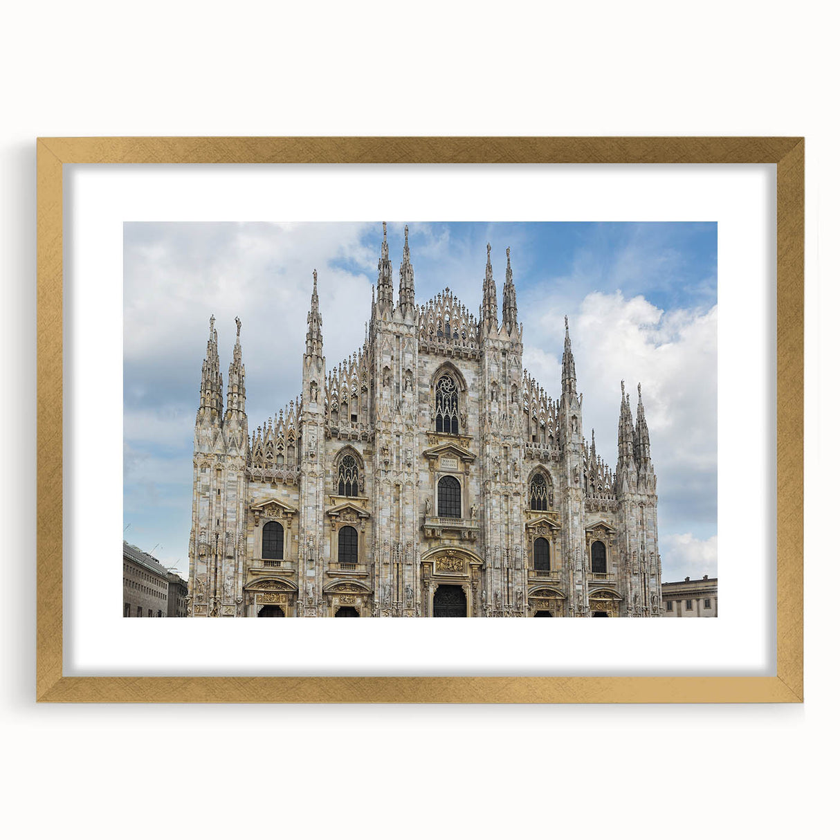 Textured abstract art print of a cathedral, using muted gold and white tones on a framed canvas, suitable for bedroom decor.