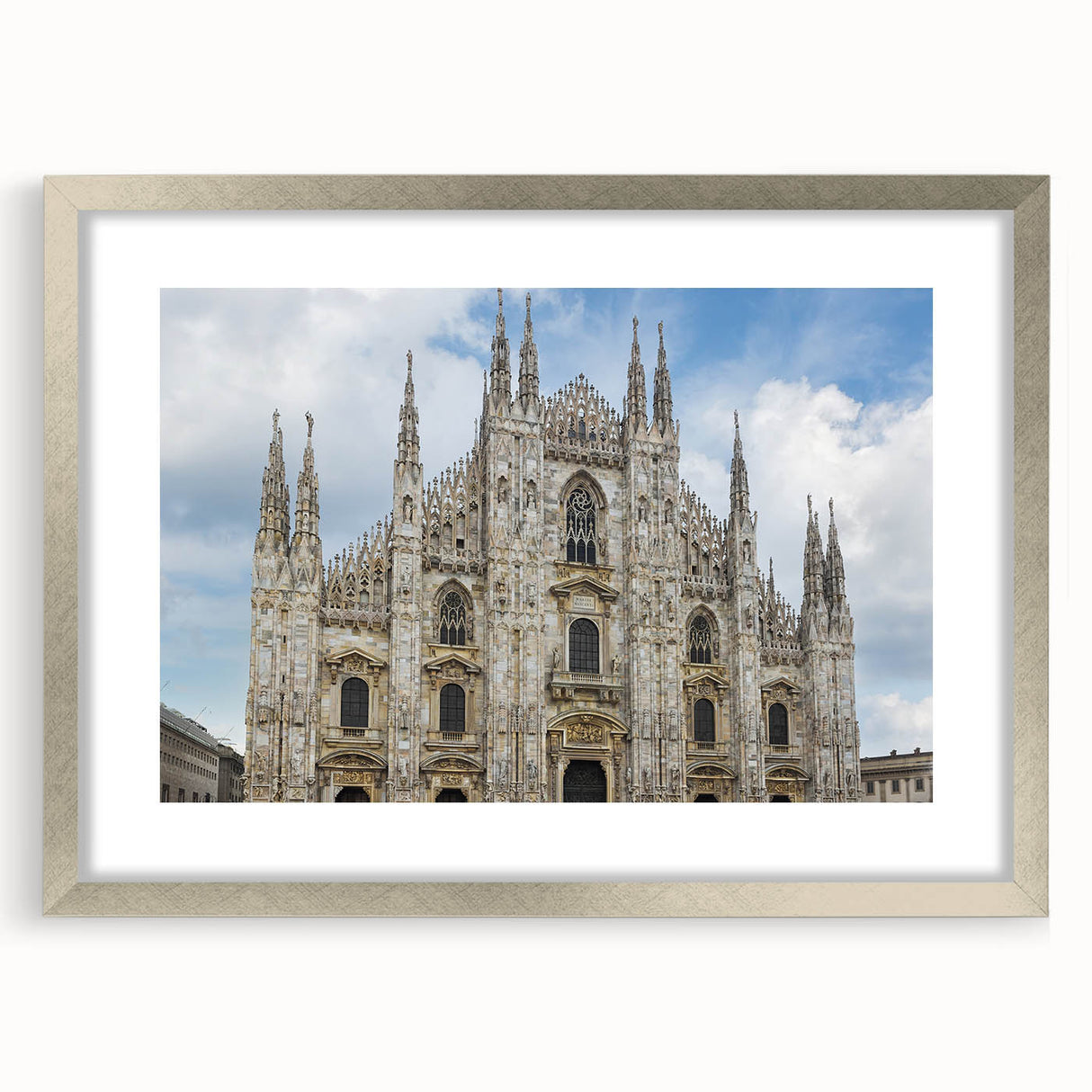 Abstract art print of a cathedral in muted grays, ideal for modern bedroom or dining room decor, framed with a silver mat.