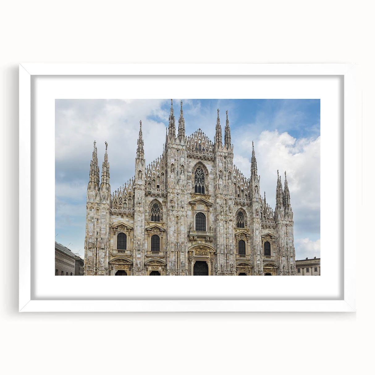 Extra large abstract art print of a cathedral, in muted gray and white, framed with a white mat, ideal for living room decor.