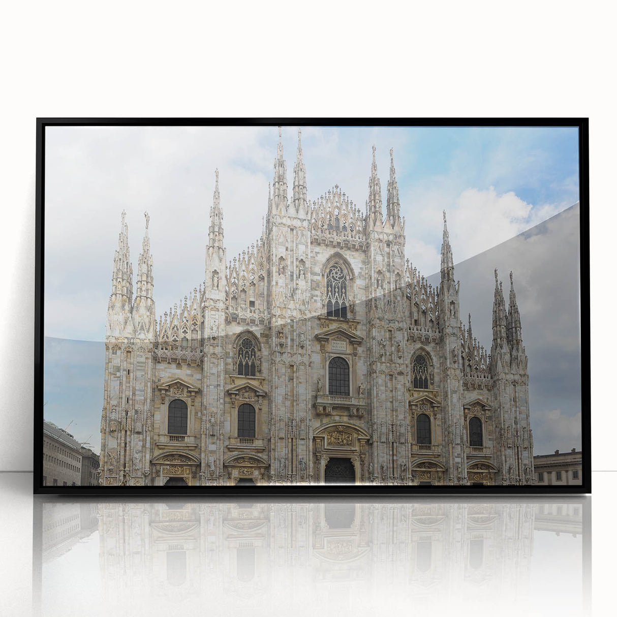 Large abstract wall art featuring a cathedral design in black and white tones on a framed acrylic.