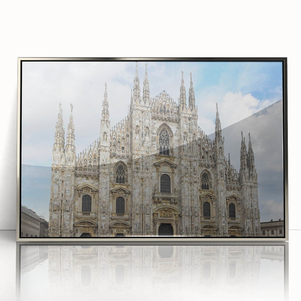 Art Deco style poster of a cathedral, in muted silver and gray tones, framed in acrylic, suitable for modern nursery decor.