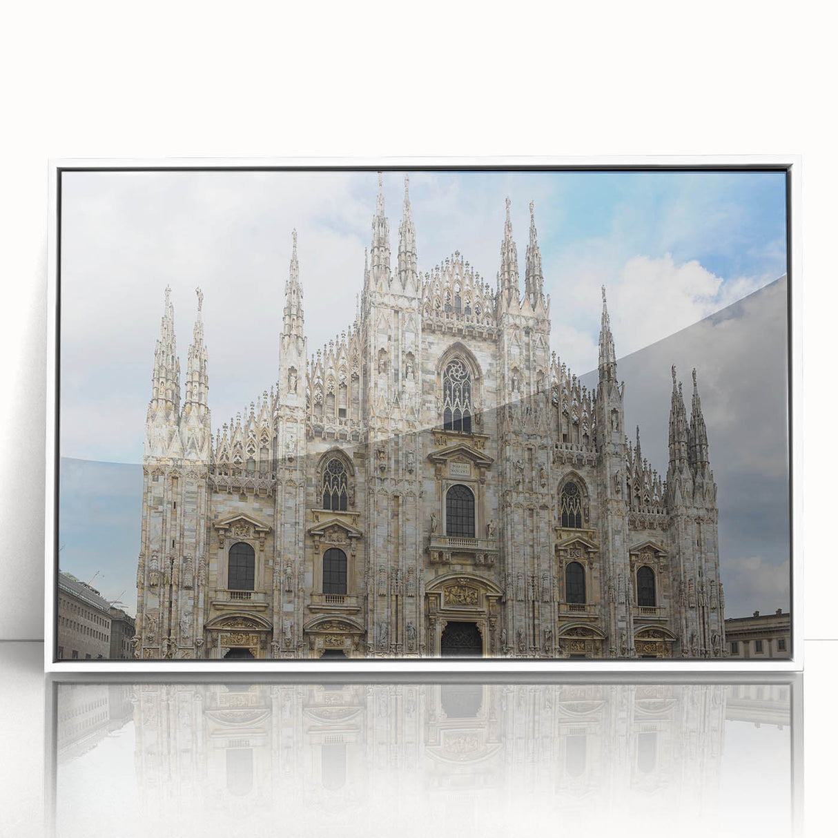 Framed acrylic print of a mid-century modernist cathedral, in muted earth tones, ideal for modern art wall decor.