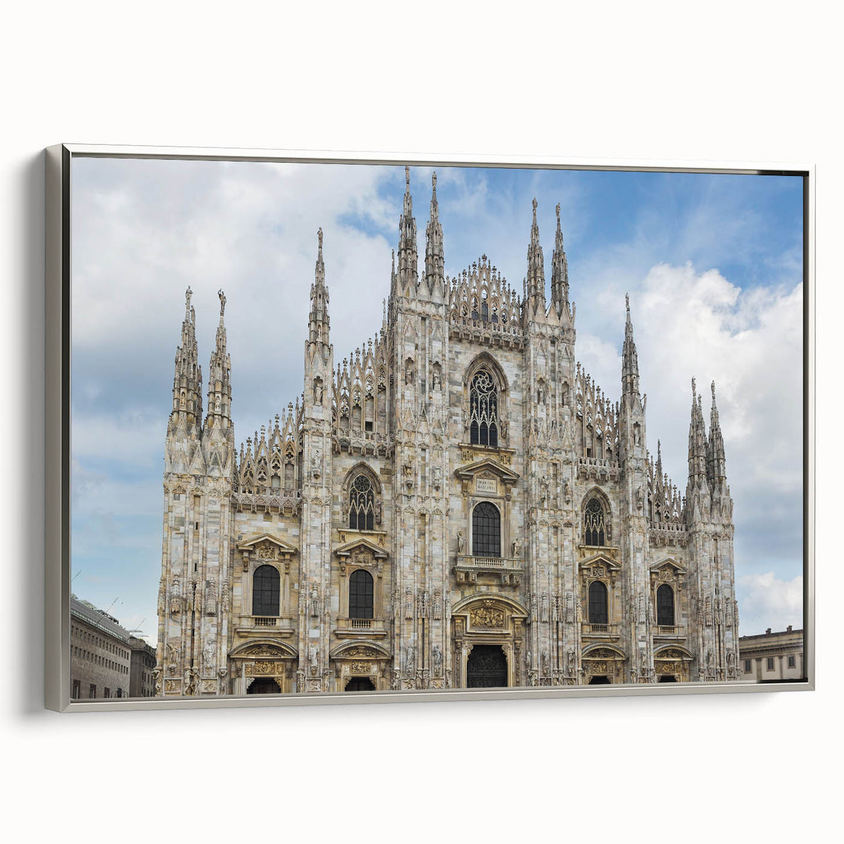 Vintage poster art of a cathedral in colorful tones on a large framed canvas, suitable for living room decor.