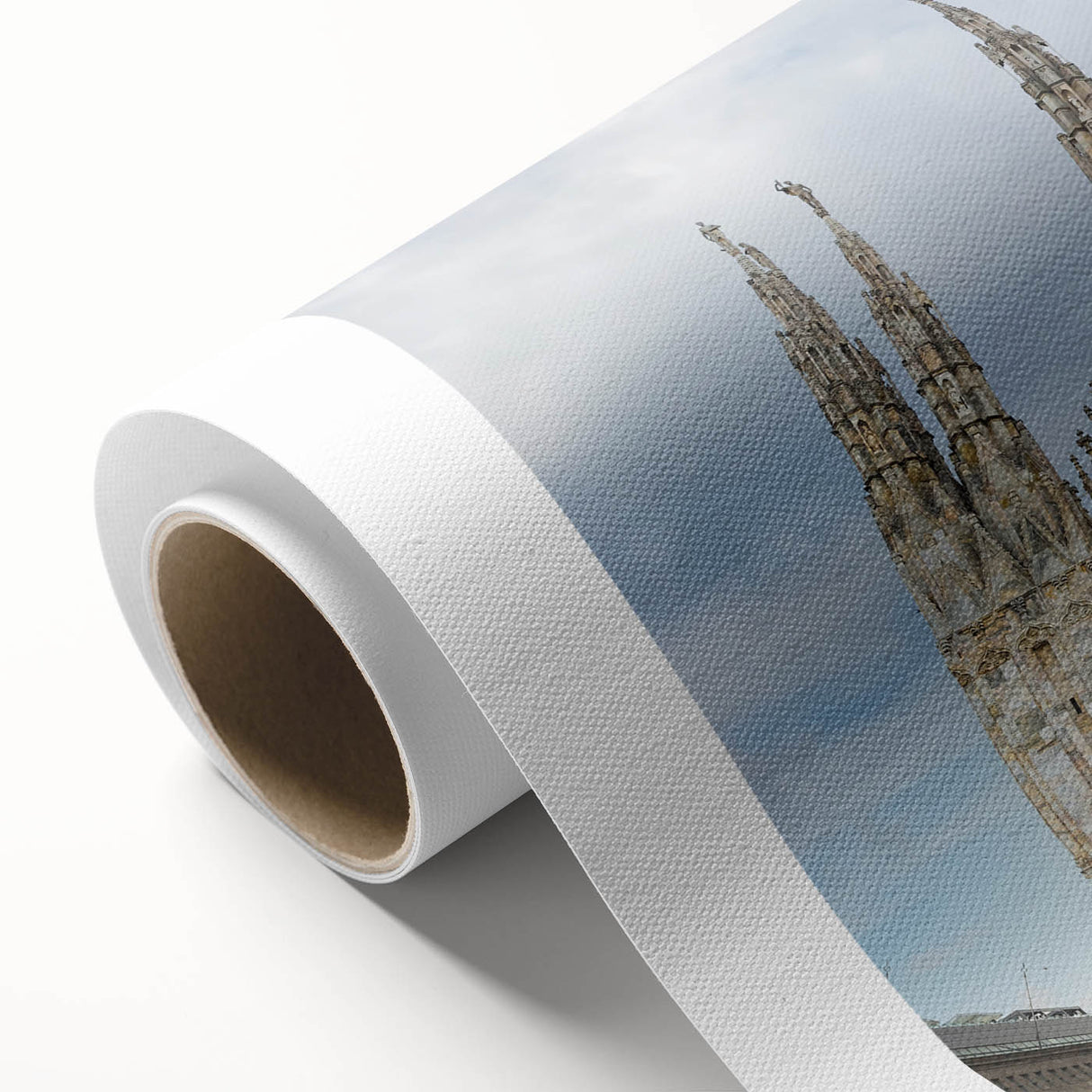 Art deco poster of a cathedral, in muted gray and blue tones on rolled canvas, ideal for nursery wall art.