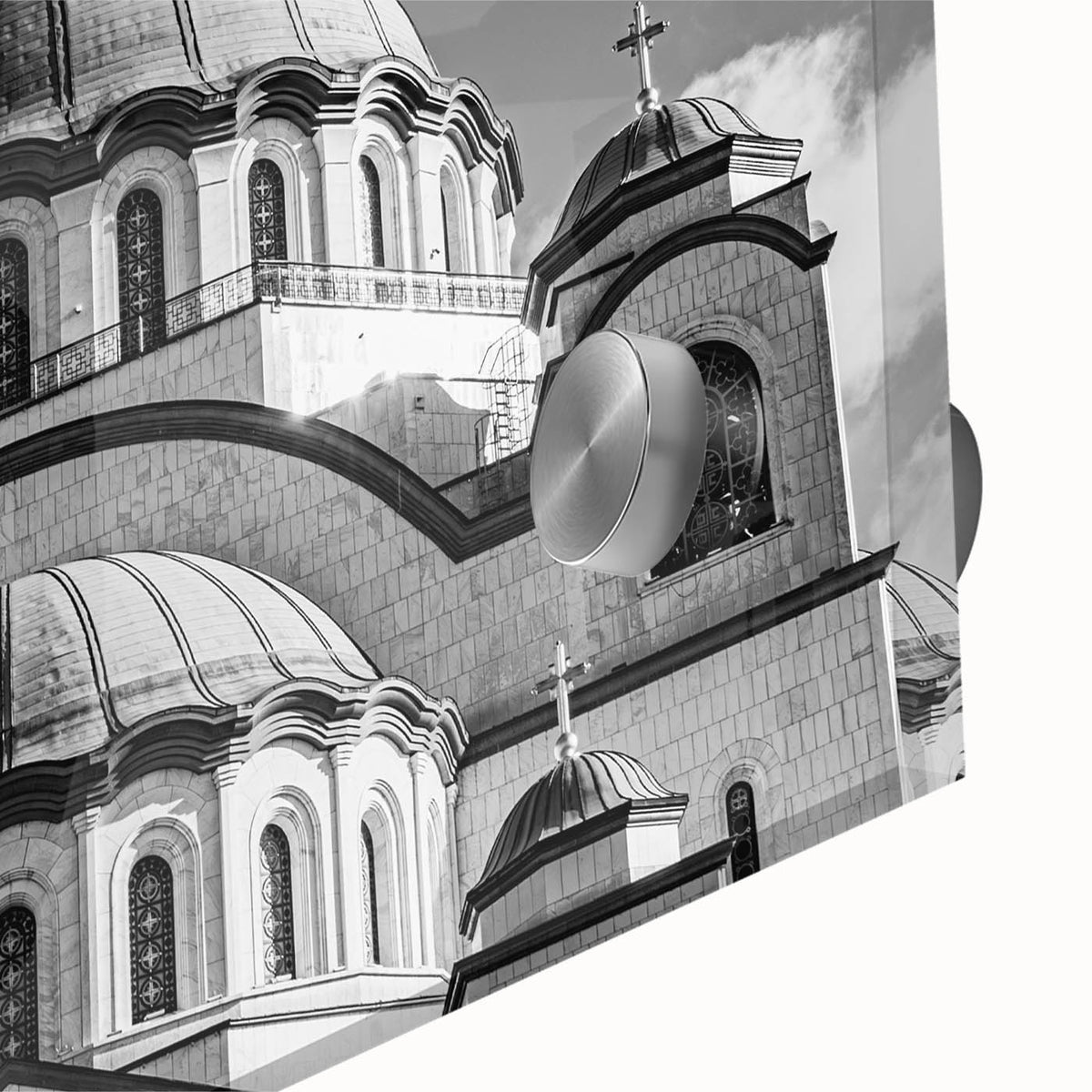 Large abstract wall art depicting a cathedral, in muted gray tones on acrylic glass, suitable for dining room ambiance.