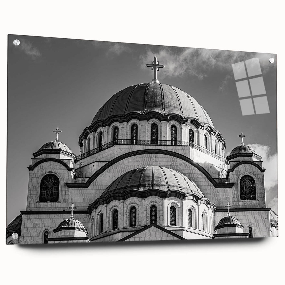 Acrylic print of a large abstract cathedral design in muted gray and blue tones, ideal for dining room decor.