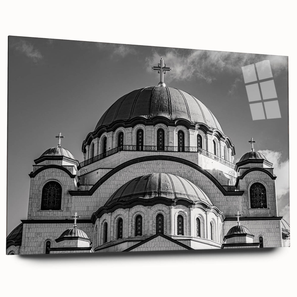 Large abstract wall art on acrylic featuring a cathedral design in muted earth tones, ideal for bedroom or dining room decor.