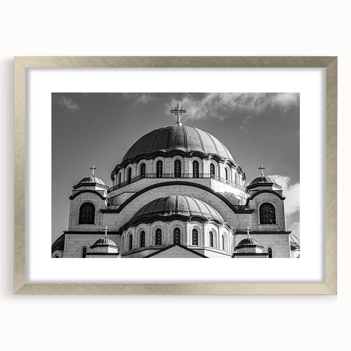 Abstract art print of a cathedral design in muted gray and blue tones on a framed poster, suitable for dining room decor.