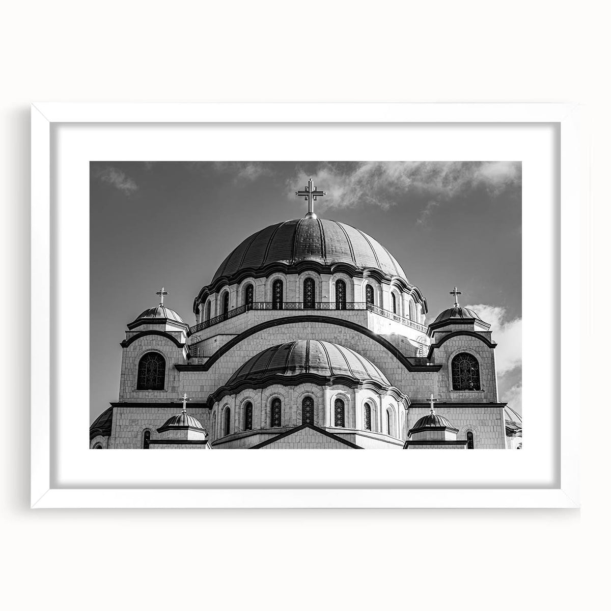 Extra large abstract art print featuring a textured cathedral design in muted tones, framed with a white mat.