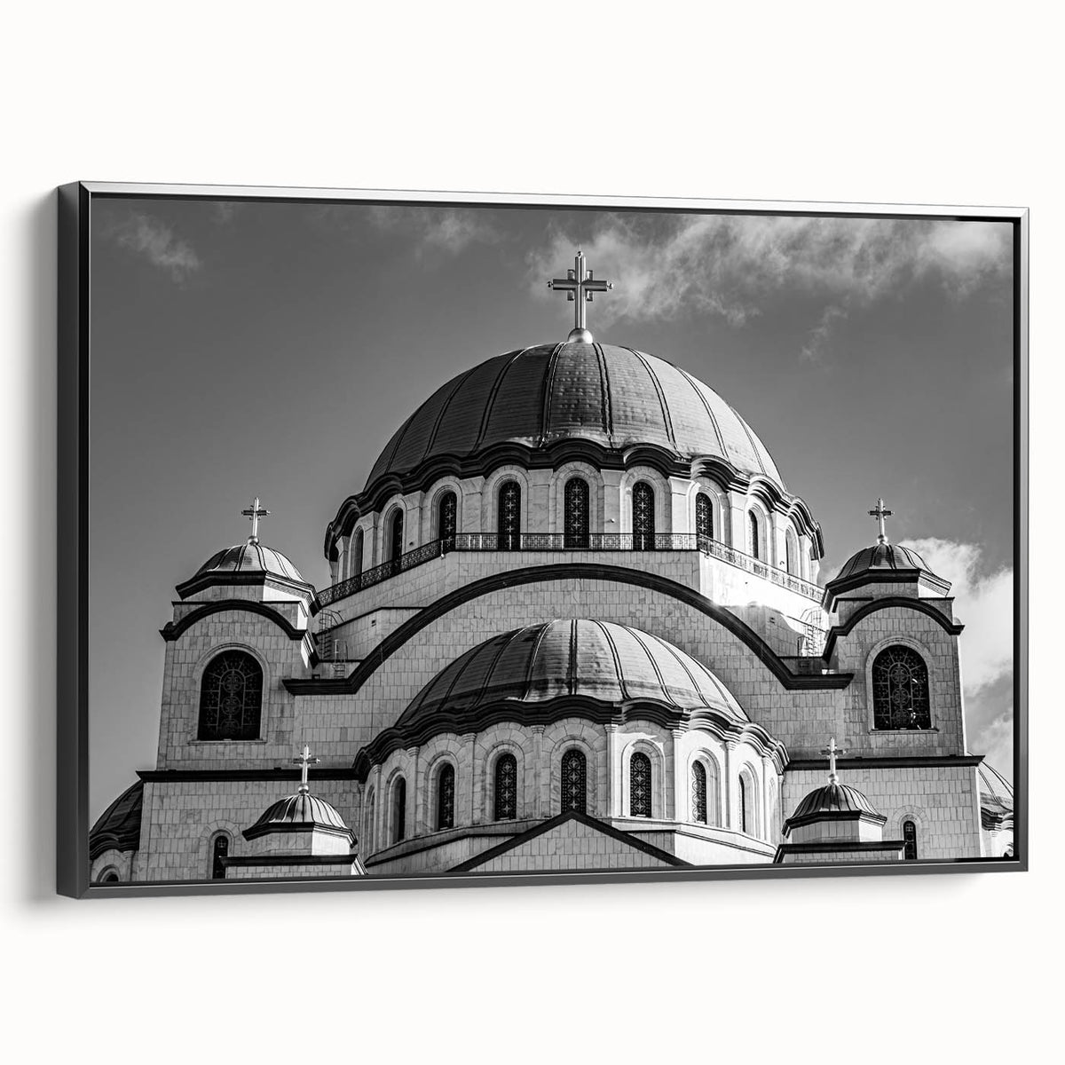 Black and white vintage poster art of a cathedral, printed on framed canvas, suitable for bedroom wall decor.