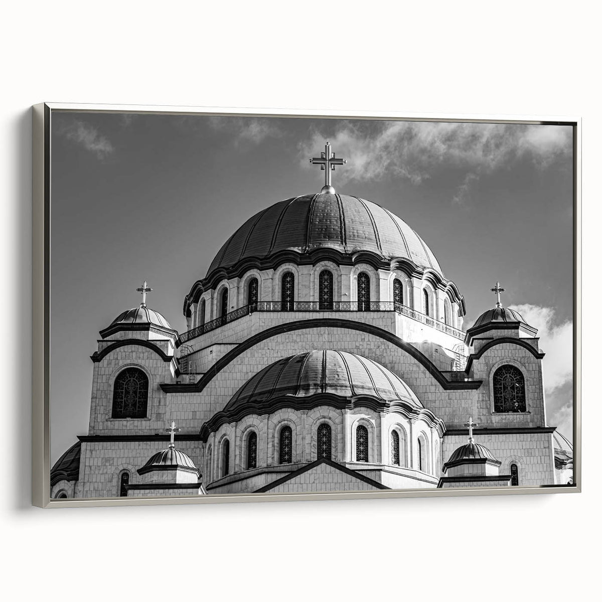 Vintage poster art of a cathedral in colorful hues on a black background, framed canvas, ideal for living room decor.