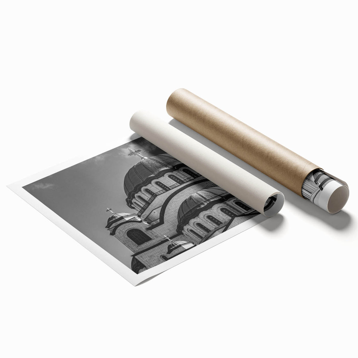 Extra large rolled print featuring a detailed cathedral design in muted earth tones, ideal for classy bathroom wall art.