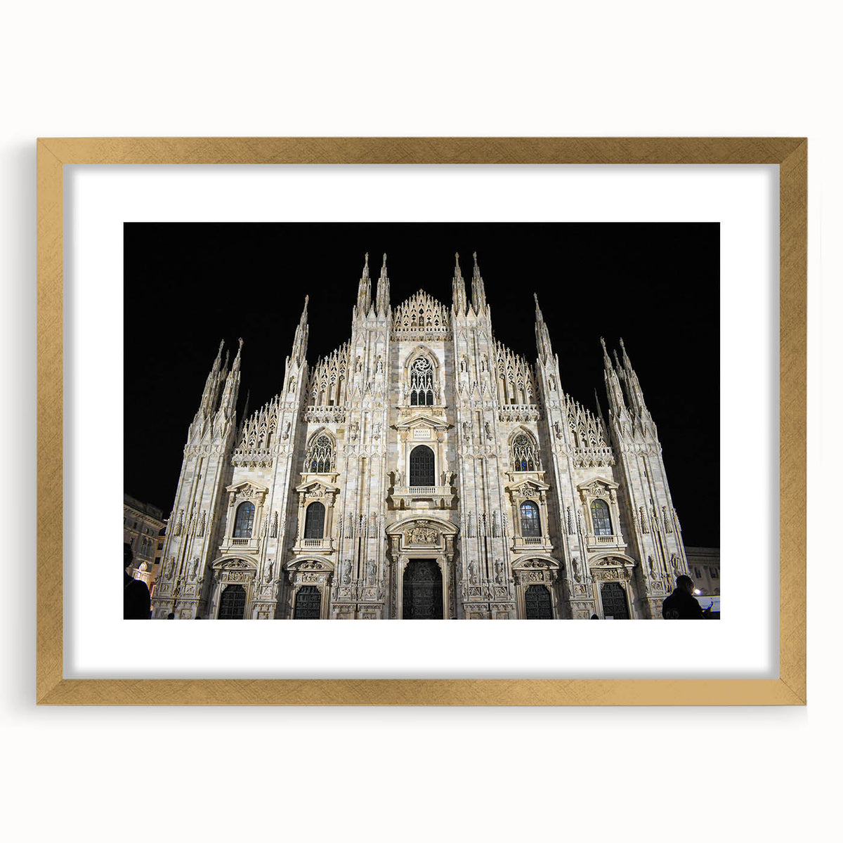 Textured abstract art print of a cathedral, in muted gold and white tones on a framed canvas, ideal for bedroom art.