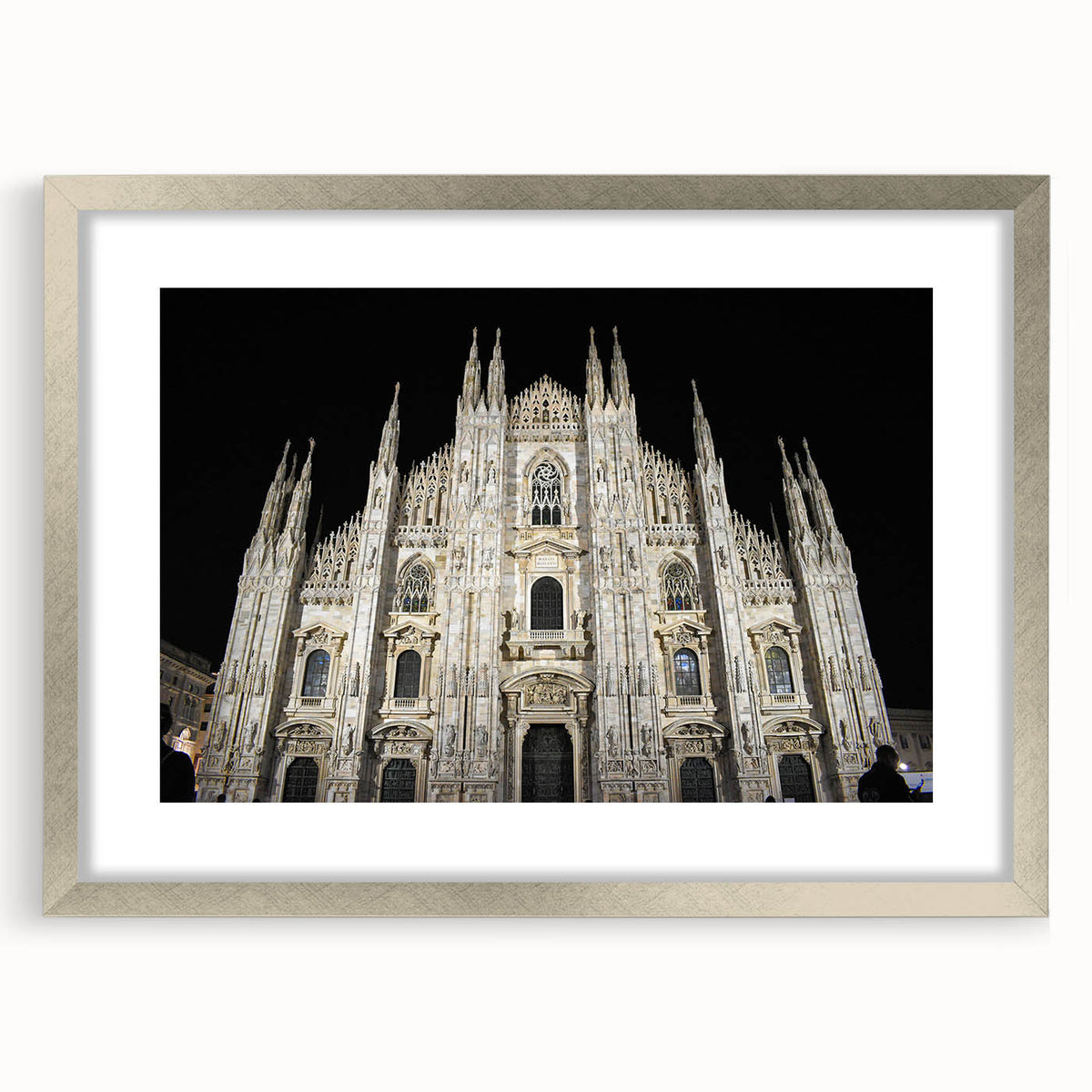 Abstract art print of a cathedral in muted silver and gray tones on a framed poster.