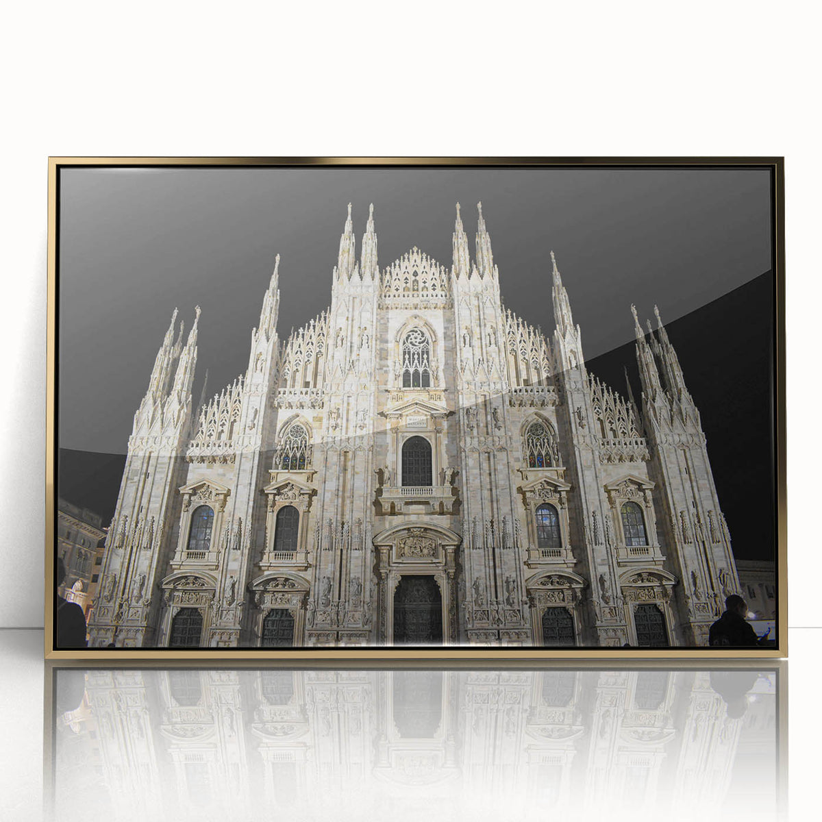 Mid-century modernist art depicting a cathedral, in muted gold tones on a framed acrylic, suitable for nursery wall decor.