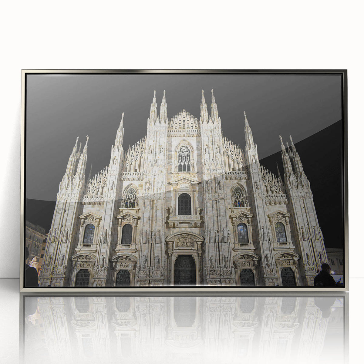Art Deco style poster of a cathedral, in muted silver and gray tones, acrylic framed, suitable for modern art wall decor.