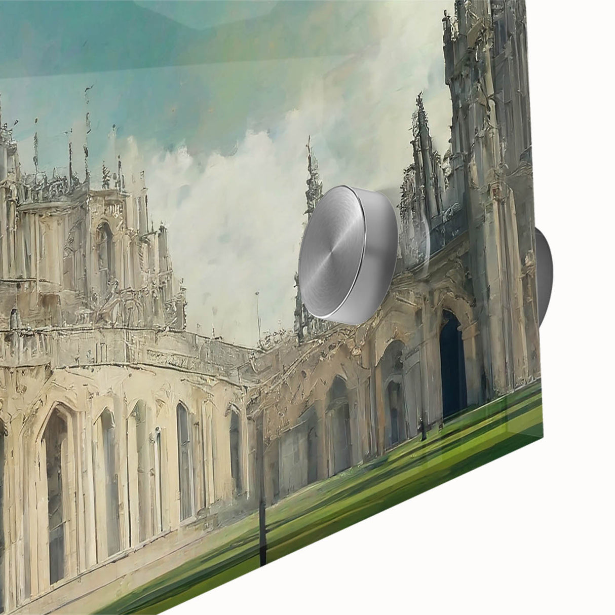 Large abstract wall art featuring mid-century modernist church designs in muted tones on acrylic glass.