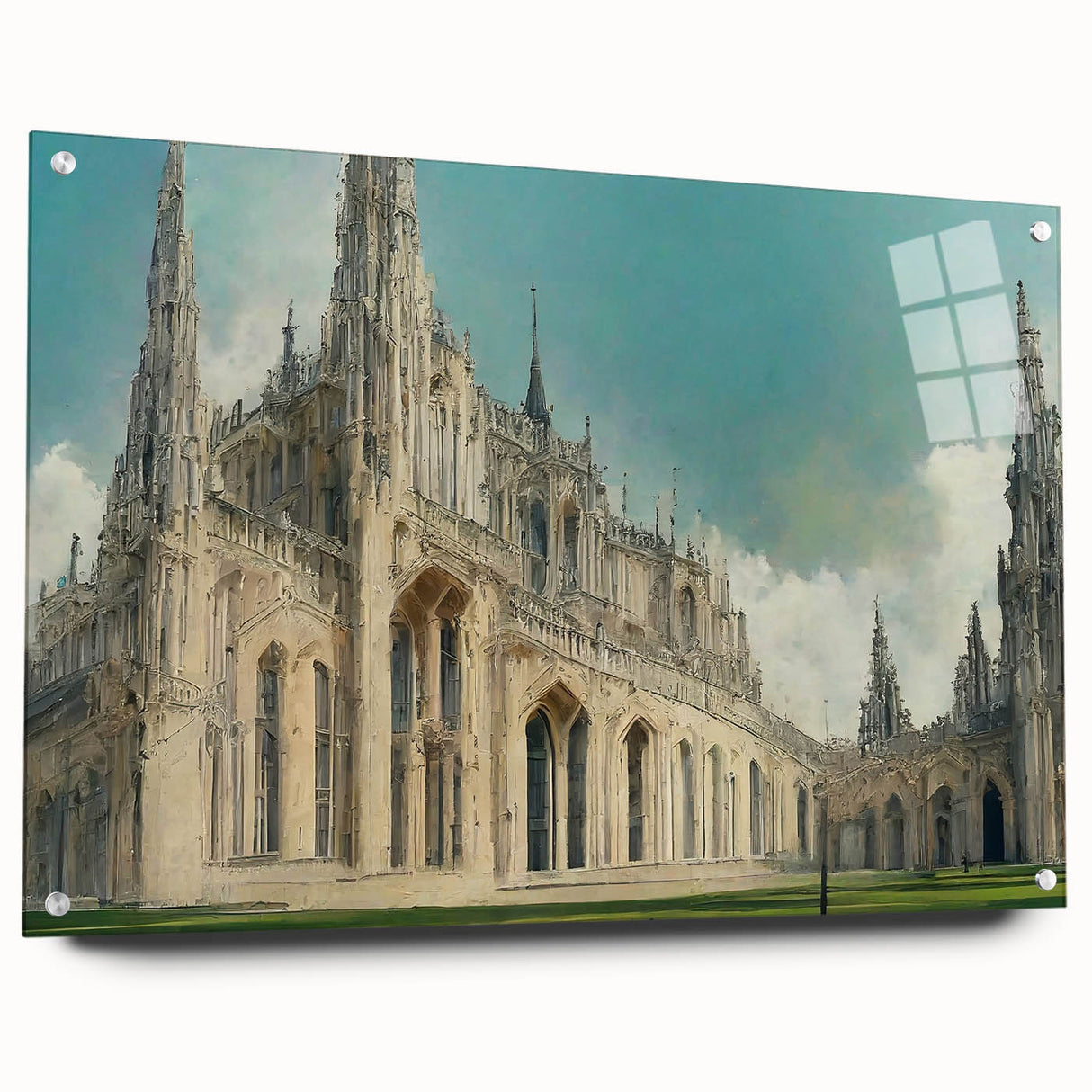 Large abstract wall art on acrylic glass depicting serene places of worship in muted earth tones.