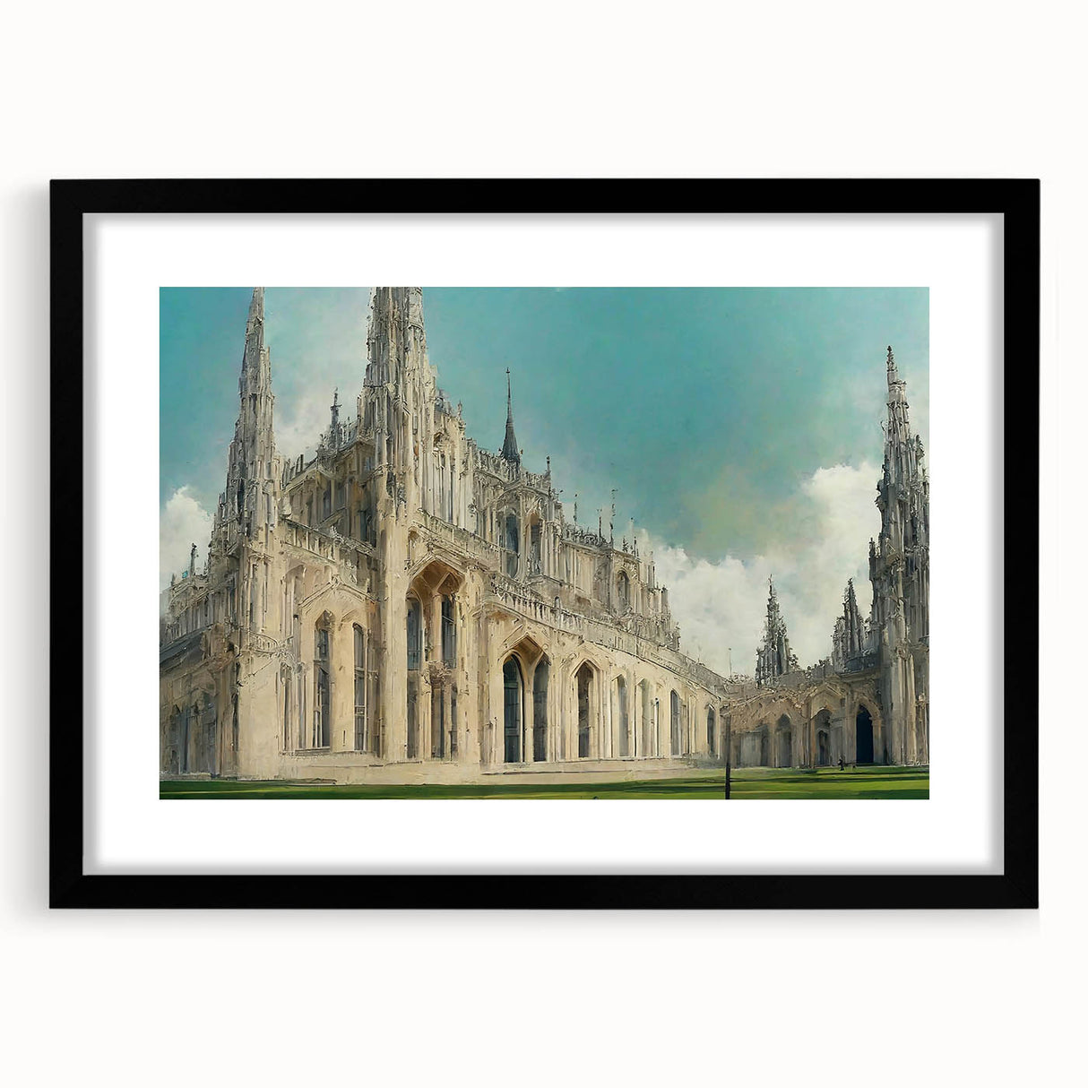 Extra large abstract art print featuring a colorful, textured depiction of a church, in a black frame with mat.
