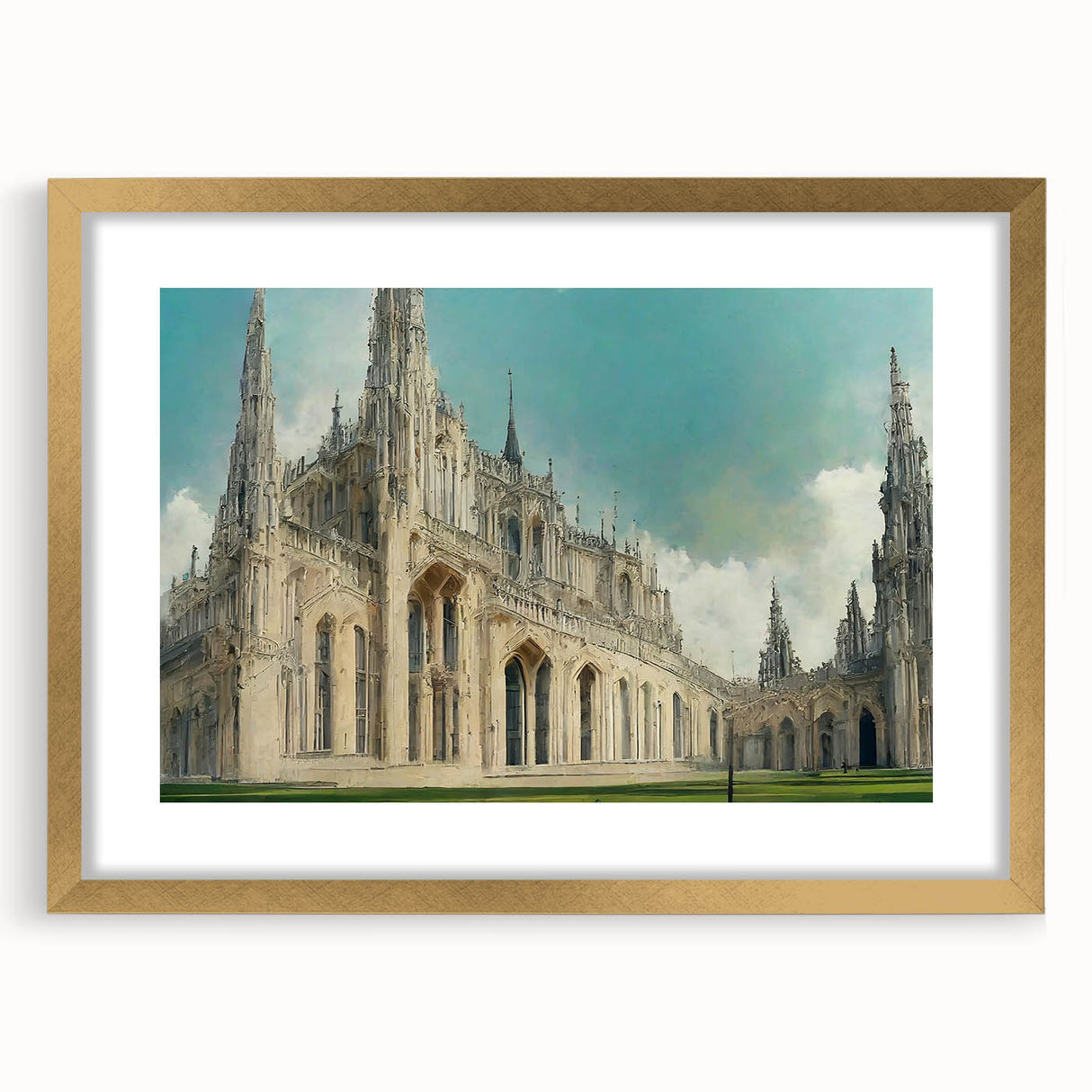 Textured abstract art print depicting a church, in gold and beige tones on a framed canvas, suitable for bedroom art.