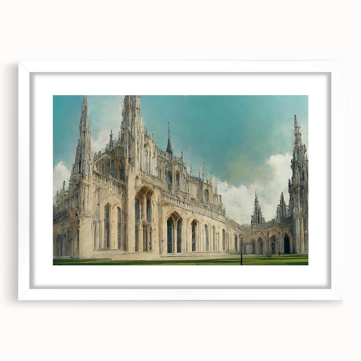 Extra large abstract art print featuring a textured church design in muted earth tones on a framed white canvas.
