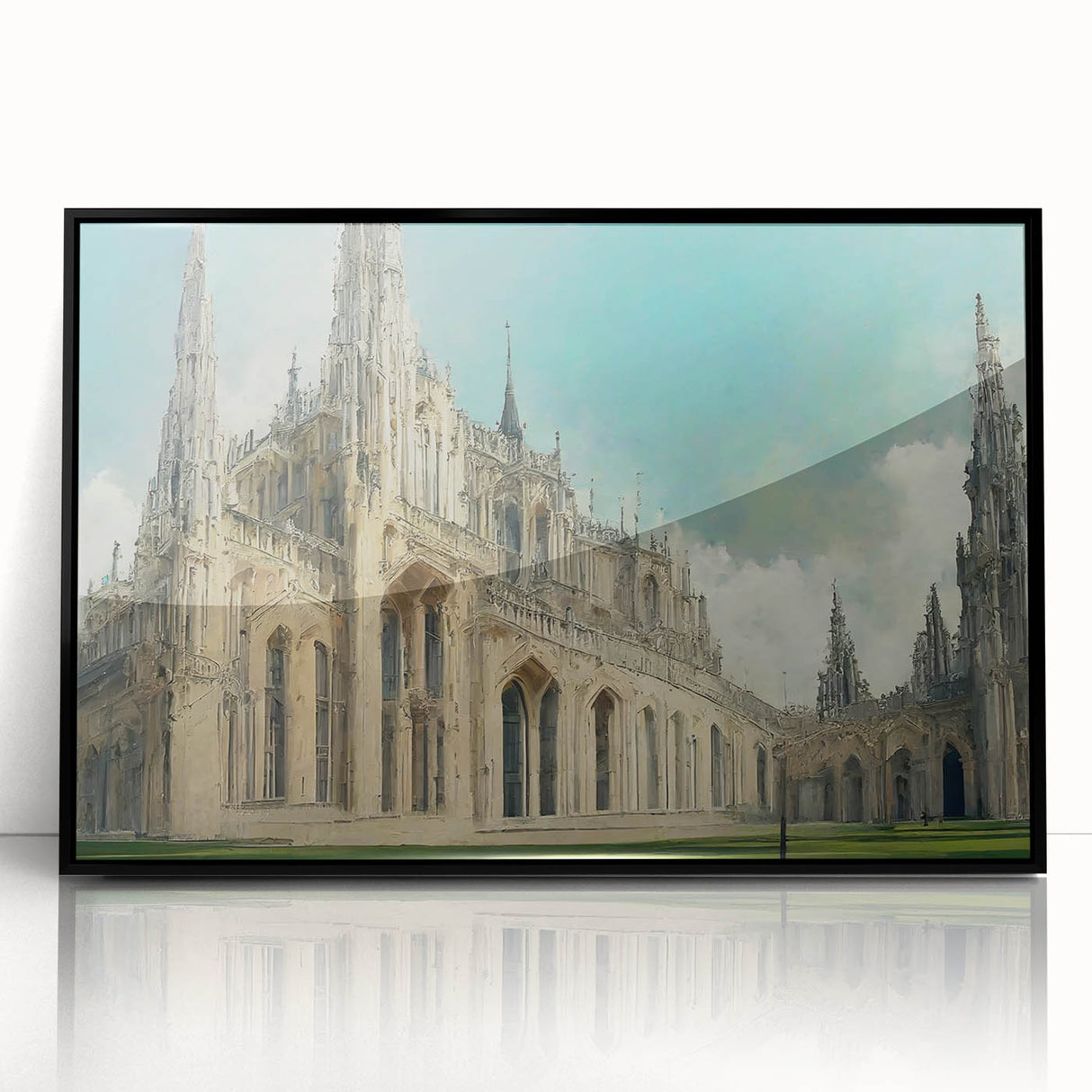 Large abstract wall art depicting a mid-century modernist church design in black and white tones, framed acrylic.