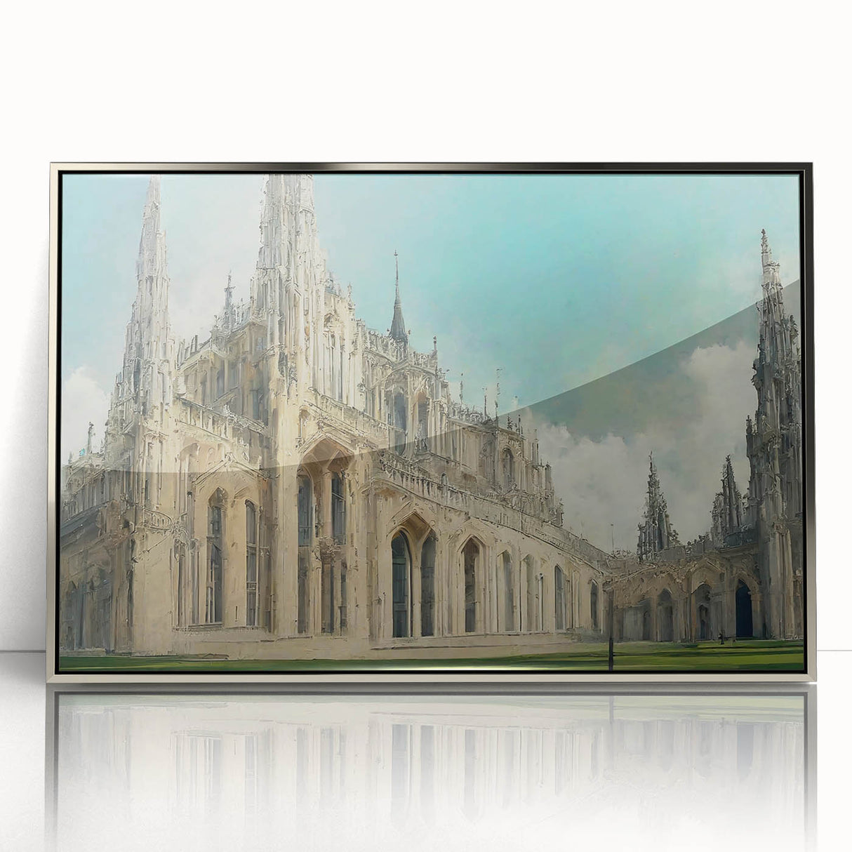 Art deco poster of a geometric church design in silver and gray tones, acrylic print framed in silver.