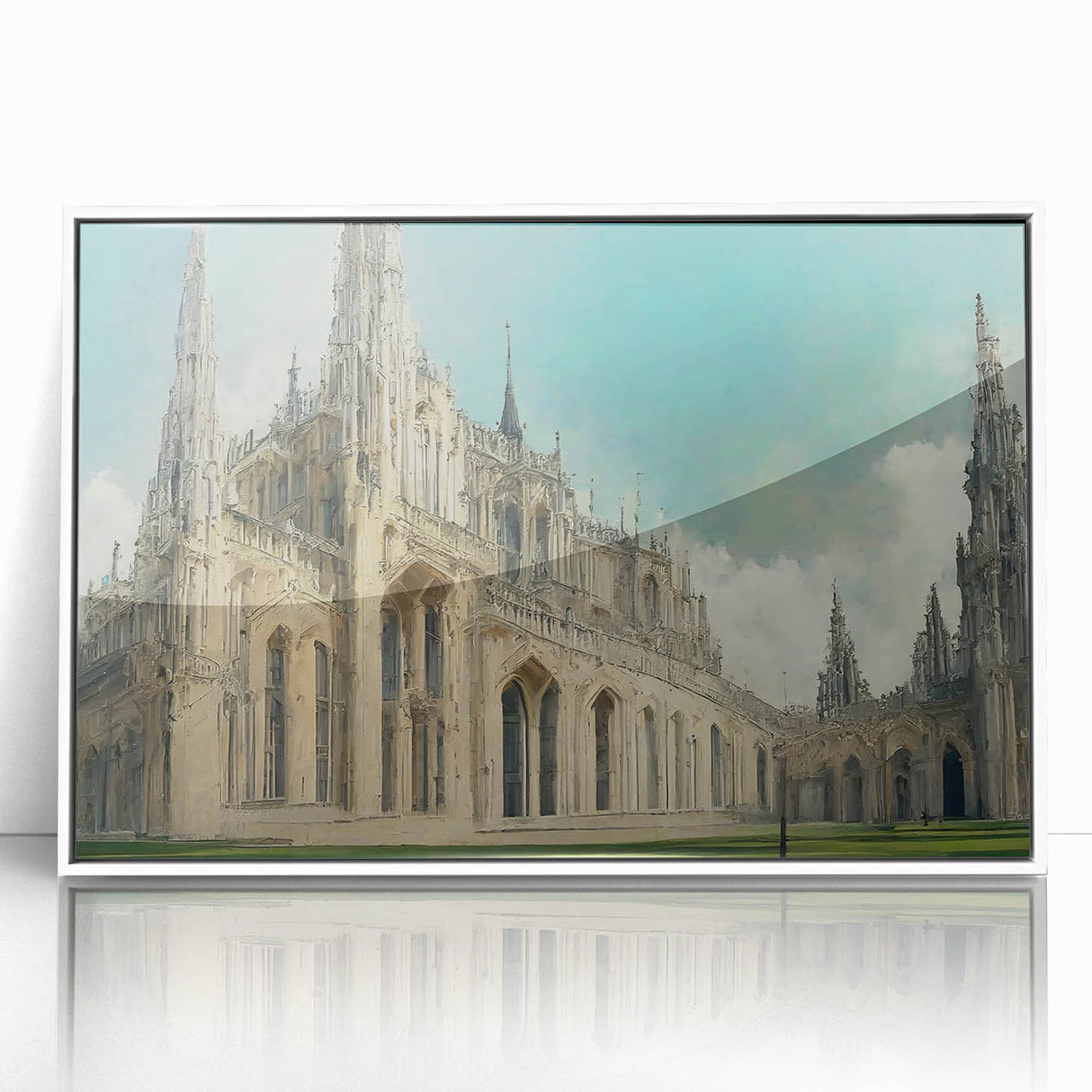 Large art print of a mid-century modernist church in muted earth tones on a white framed acrylic.