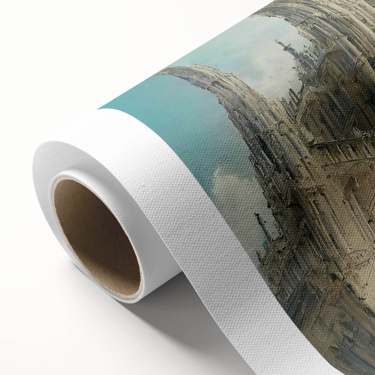 Art Deco poster of a stylized church, in muted pastel colors on rolled canvas, ideal for nursery wall art.