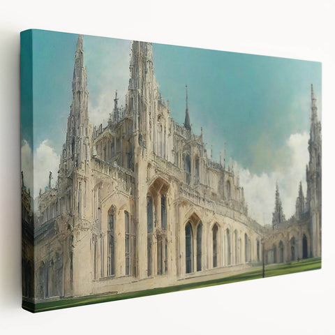 Large canvas print depicting a detailed church design in muted earth tones, suitable for kitchen wall art.
