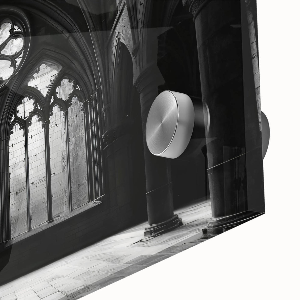 Large abstract wall art on acrylic, featuring mid-century modernist church design in muted earth tones.