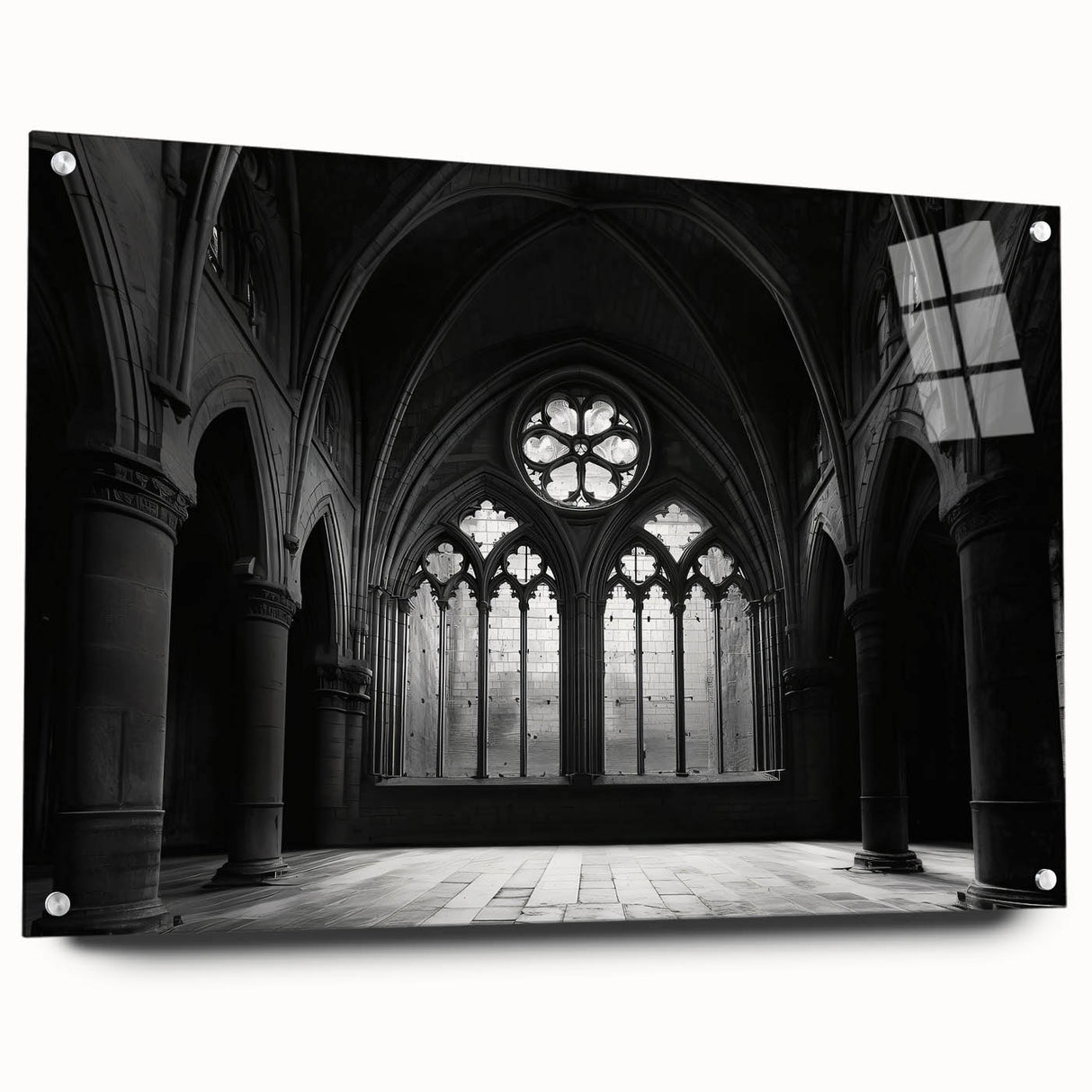 Large abstract wall art on acrylic glass depicting a colorful geometric design.