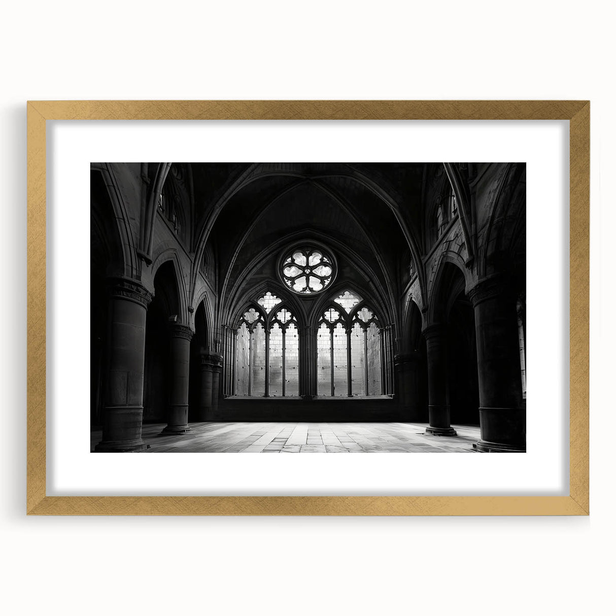 Textured abstract art print of a church in muted gold and beige tones on a framed canvas, ideal for bedroom art.